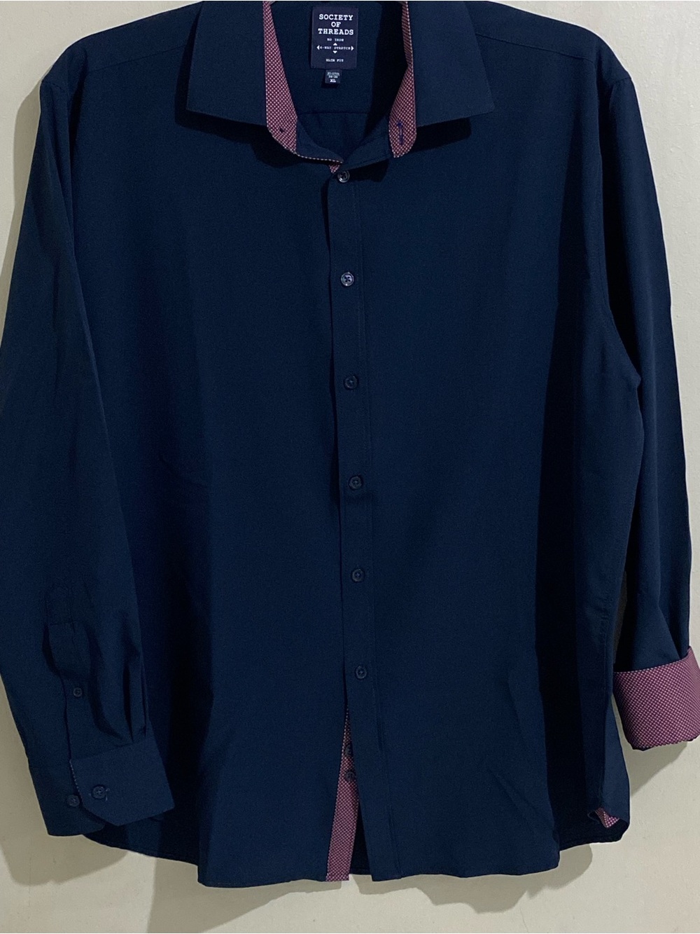 Society Of Threads Navy Dress Shirt with Pink Contrast Trim Size XL 17-17.5